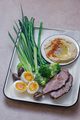 Breakfast with backed meat, hummus and green vegetables, copy space - PhotoDune Item for Sale