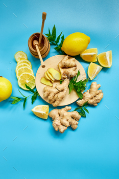 nger, lemon,  honey,  mint on blue background, Flat lay Top view, copy space