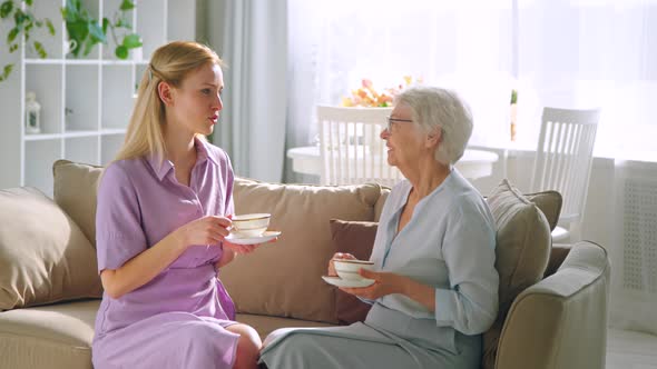 Talking smiling daughter and elderly mom with cups of tea