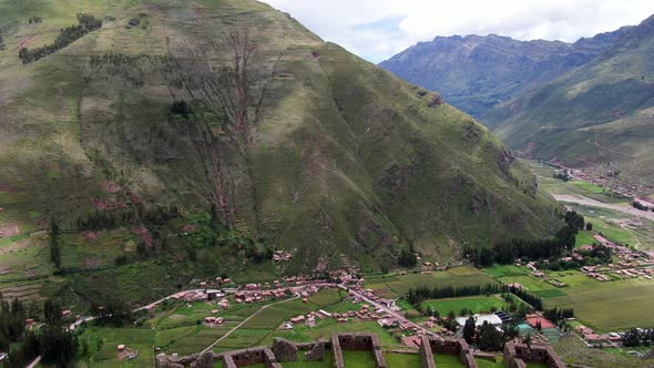 Aerial View of Sacred Valley of Incas and Pisac Village, Peru - drone shot