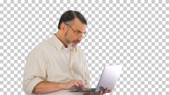 Mature man in glasses happy to finish, Alpha Channel