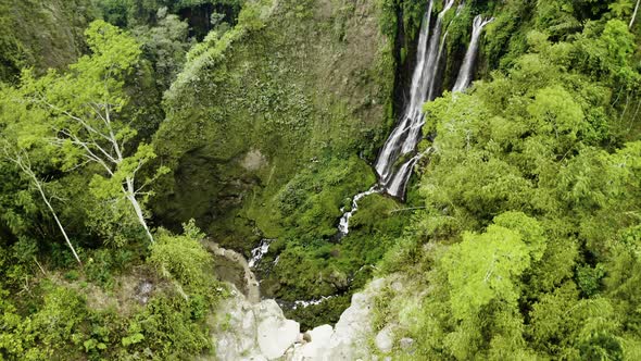 Drone Tilting Down Over Tumpak Sewu Waterfalls