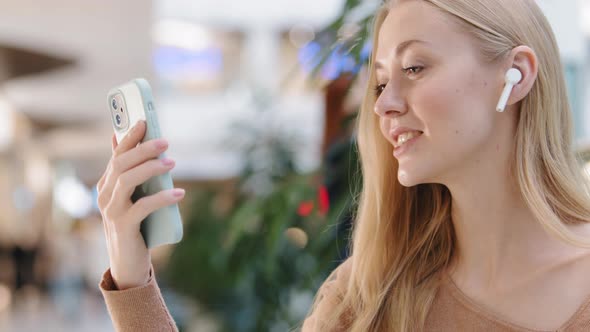 Closeup Side View Caucasian Woman Girl Blogger Wears Wireless Headphones Online Channel Video Call