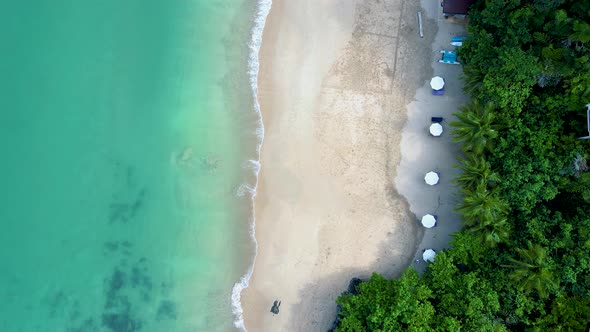 Drone Aerial View Beach with Beach Chairs  Umbrella at the Tropical Island Koh Lanta Krabi Thailand