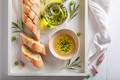 Cripsy and fresh baguette served with garlic oil with herbs. - PhotoDune Item for Sale