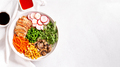 Chicken buddha bowl with meat, colorful vegetables on base of brown rice. - PhotoDune Item for Sale