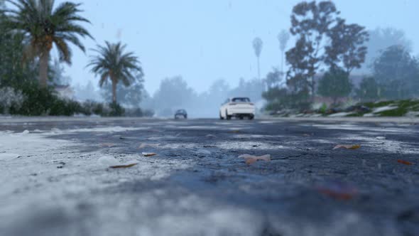 Asphalt Road With Snow Slush At Winter City With Car Tire