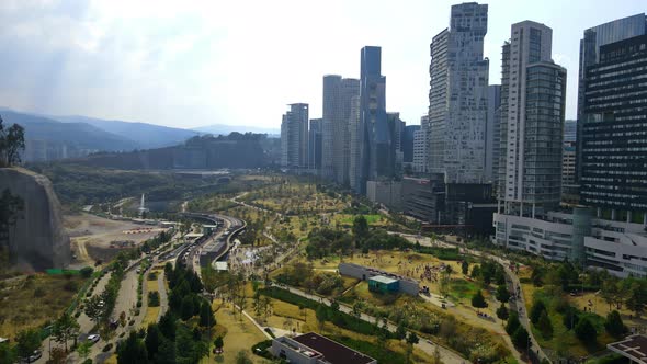 Santa Fe Mexico City Business Destrict, Drone Shot, Skyscraper, Skyline, Park