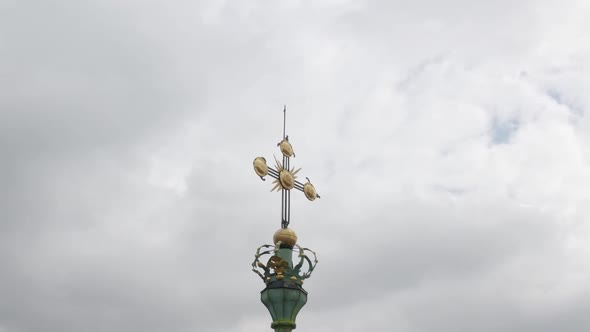 Aerial Drone View Footage of Latin Cathedral Church Dome in City Lviv Ukraine Cloudy Sky Background