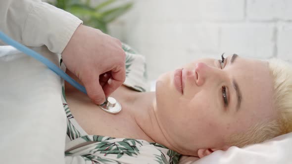 Close Up View of Patient Woman Blonde with Short Hair Cut