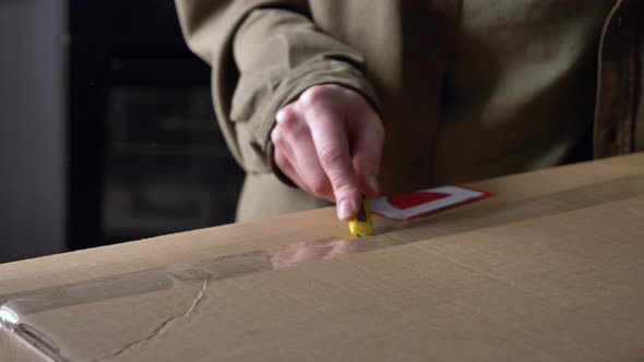 woman unpacking a box in the kitchen at home