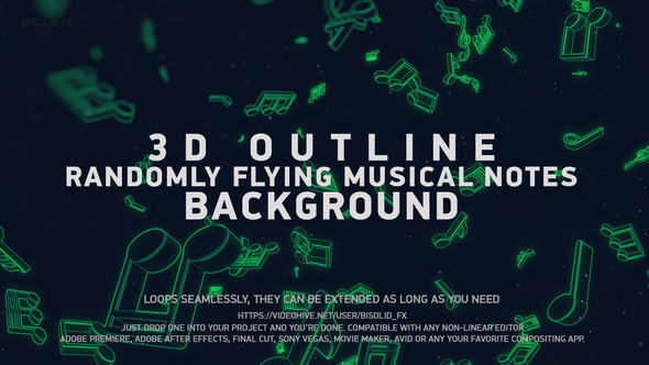 3D Outline Randomly Flying Musical Notes Loopable Background