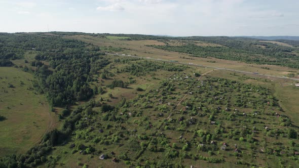 Aerial Landscape Summer Mountain Village with Forests Fields Human Settlement in Bashkortostan