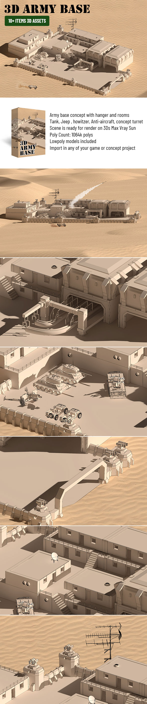 3D army base / military base concept low poly for games