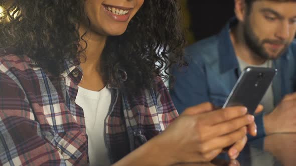 Man and Woman Chatting on Smartphone in Pub, Dating Website for Lonely People