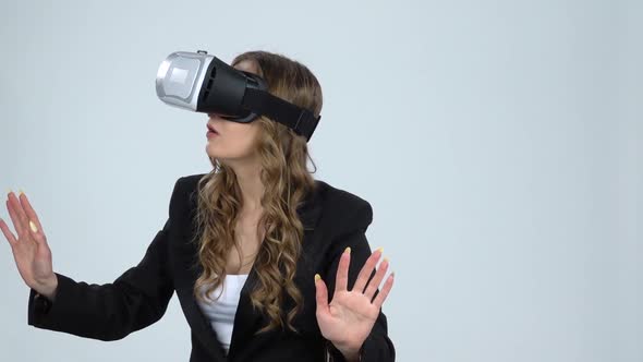 Happy Woman with Virtual Reality Headset or 3d Glasses, Slow Motion