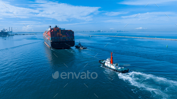  Slow Velocity down or Braking ship bofore mooring at the International shipyard sea port, Import concept