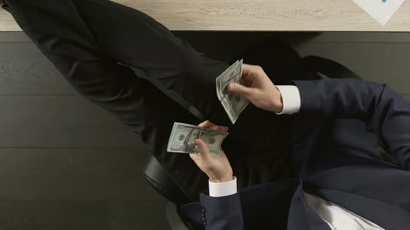 Satisfied Businessman Sitting at Office Table and Counting Dollars, Success