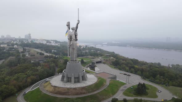 Symbol of Kyiv, Ukraine: Motherland Monument. Aerial View, Slow Motion. Kiev