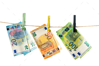 ite background. Euro money on rope isolated on white background. Money laundering concept