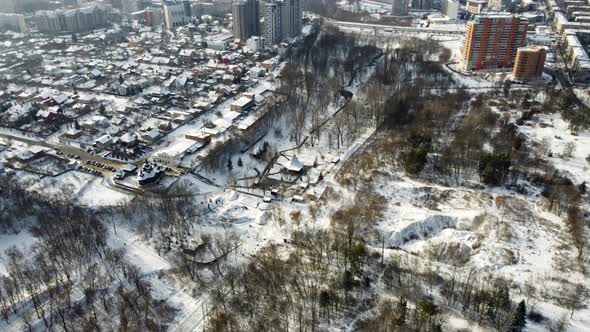 Aerial view Sarzhyn Yar Kharkiv city snowy winter