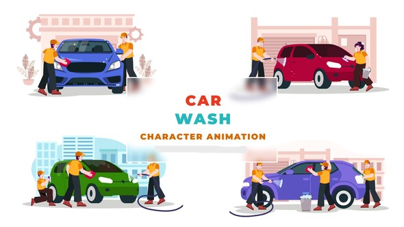 Car Washing Service Centre Character Animation Scene