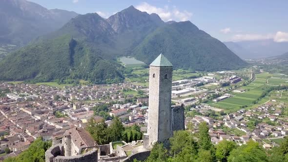 Aerial panoramic view of Borgo Valsugana in Trentino Italy with views of the city and mountains