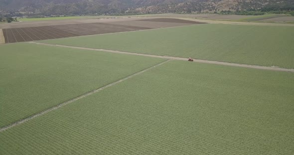 Rural farmland, aerial footage of sprawling green crops, parked tractor and golden hills and blue sk