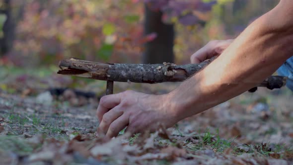 A man drives a wooden stake with a branch into the ground