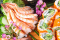 King prawns on plate with rolls and sushi decorated with sakura flowers - PhotoDune Item for Sale
