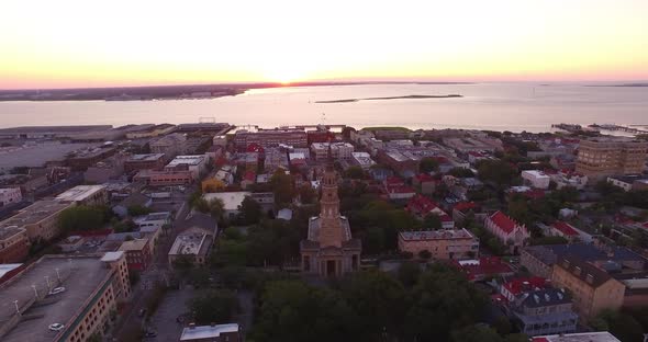 Aerial of Saint Philips Church and Charleston Harbor
