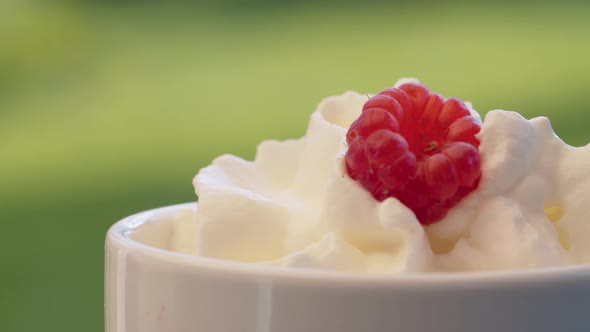 Whipped cream and raspberry in a cup