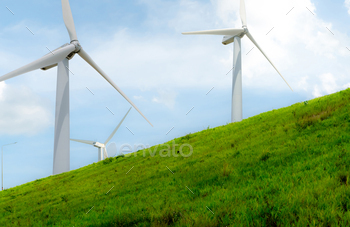 ergy. Wind turbines generate electricity. Windmill farm with blue sky. Renewable resource. Sustainable development. Global energy crisis concept.