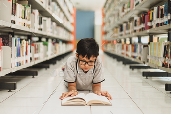 Smart school boy reading a book at the library