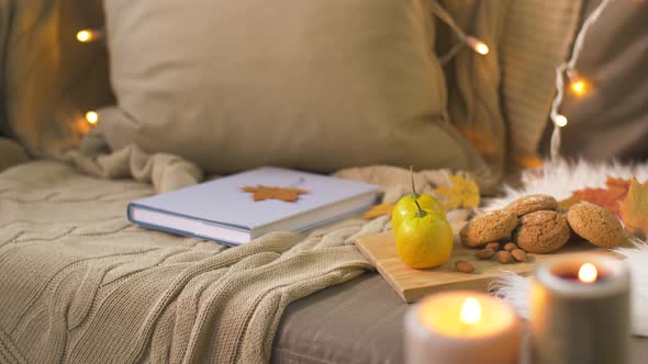 Book, Autumn Leaves, Nuts and Cookies on Sofa