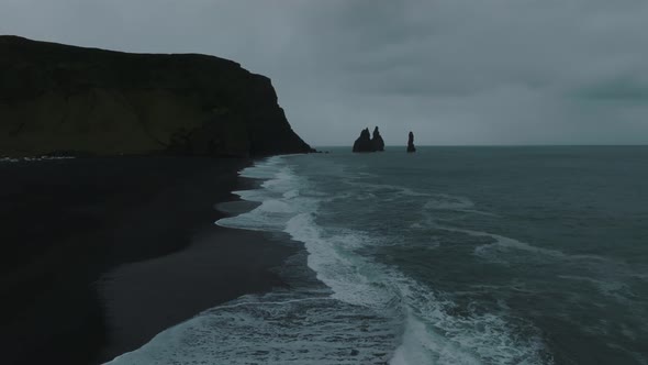 Iceland Black Sand Beach with Huge Waves at Reynisfjara Vik