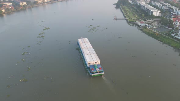 Aerial view Cargo ship on the Saigon River, December - 2021