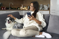 Woman with dog chilling at the sofa with mobile phone during the Christmas - PhotoDune Item for Sale
