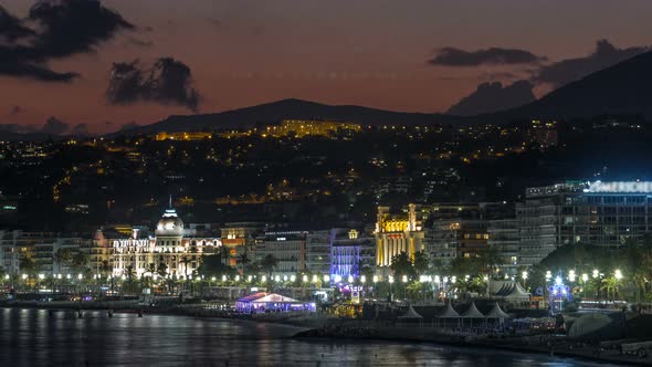 Waterfront of Nice City and Mediterranean Sea Day to Night Timelapse