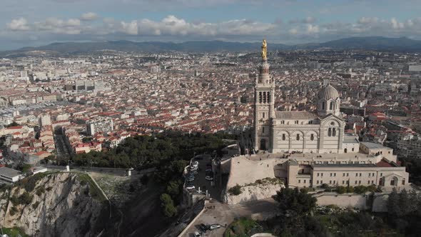 Aerial view of the basilica Notre Dame de la Garde in Marseille. France 2020