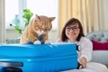 Sad ginger cat lying on suitcase of owner middle-aged woman - PhotoDune Item for Sale