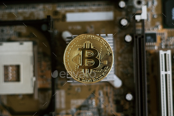 oin, BTC, Bit Coin. Macro shot of Bitcoin Blockchain technology, bitcoin mining concept. Soft selective focus