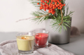 rowan and pine branch in a concrete vase and glowing candles. thanksgiving home decor - PhotoDune Item for Sale