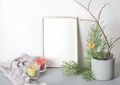 empty frame with copy space. winter still life with glowing candles and pine in cement flowerpot. - PhotoDune Item for Sale