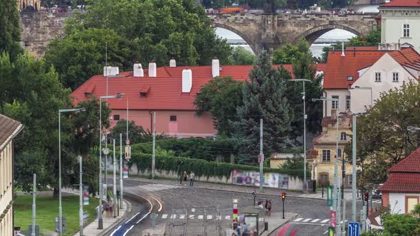 Aerial View of the Old Town Pier Architecture and Charles Bridge Over Vltava River Timelapse in