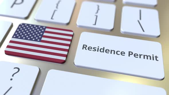 Residence Permit Text and Flag of the USA on the Keyboard
