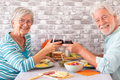 Smiling caucasian senior couple toasting with red wineglass while sitting face to face at table - PhotoDune Item for Sale