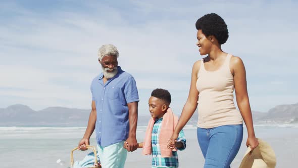 Happy african american couple walking with son on sunny beach