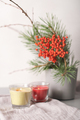 rowanberry and pine branch in a concrete vase and glowing candles . thanksgiving home decor, vertcal - PhotoDune Item for Sale