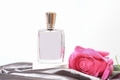 female perfume bottle on a grey silk background with pink fresh rose bud. - PhotoDune Item for Sale